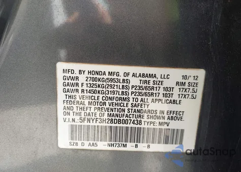 2013 Honda Pilot Lx z USA, uszkodzony, nr VIN 5FNYF3H28DB007438